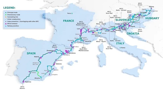 Corredores ferroviarios de la red TEN-T (Trans-European Transport Network) de la UE. Comisión Europea